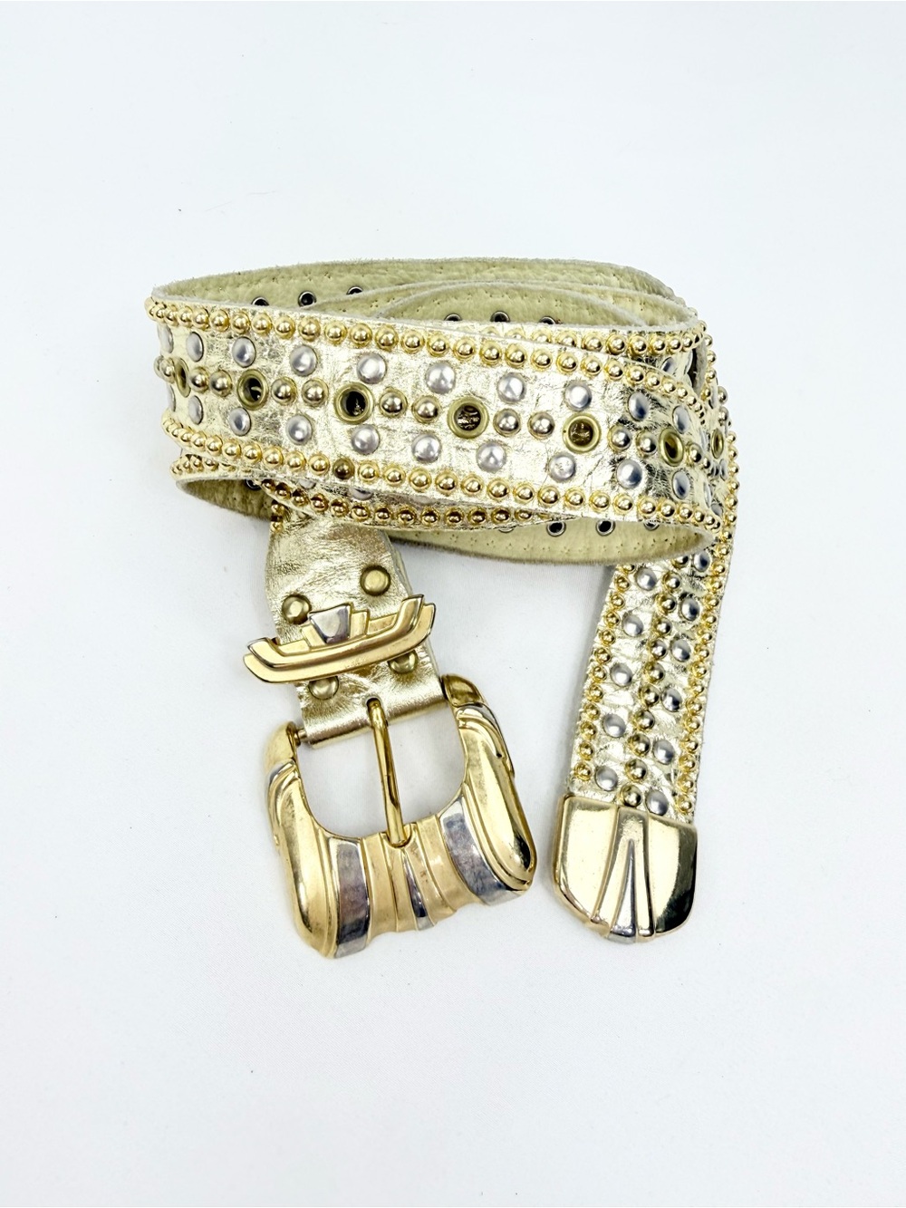 Sand Castle New York Vintage Gold Metallic Pliable Studded Leather Glam Belt